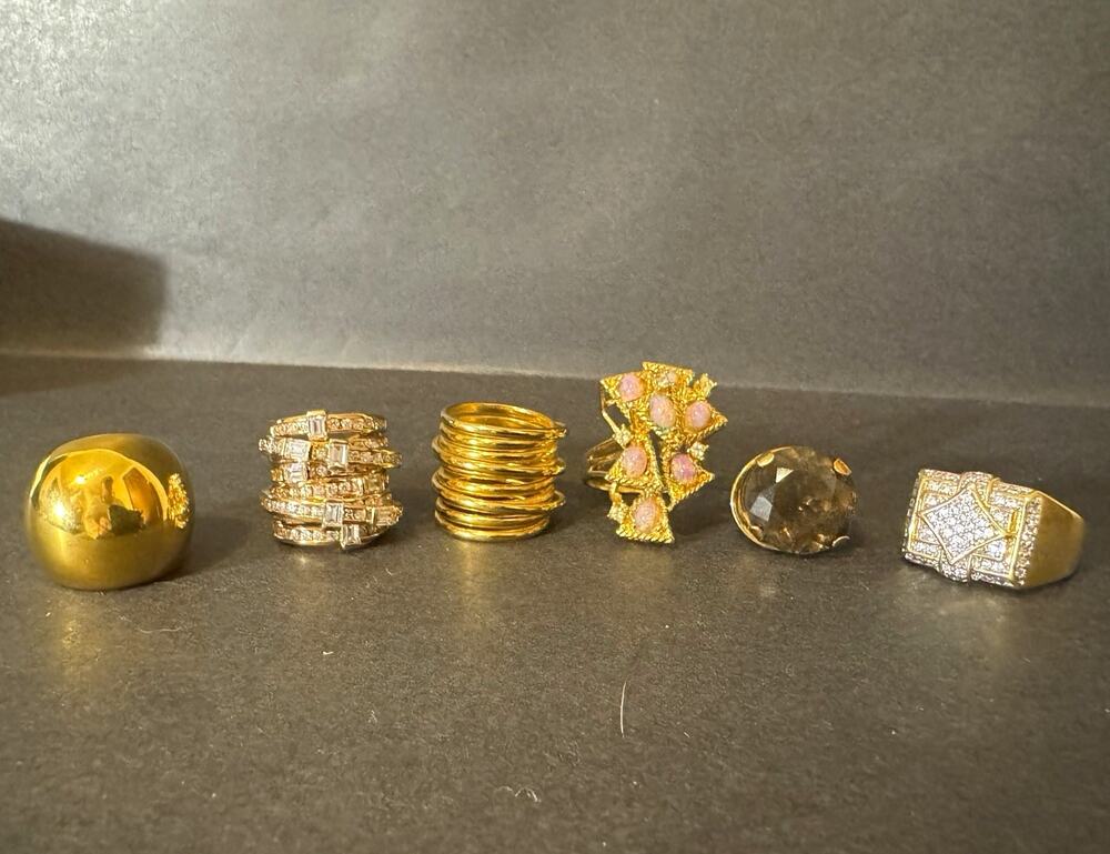 Vintage Costume Statement Rings Lot - 6 Gold Tone Cocktail Rings 73.5g Total